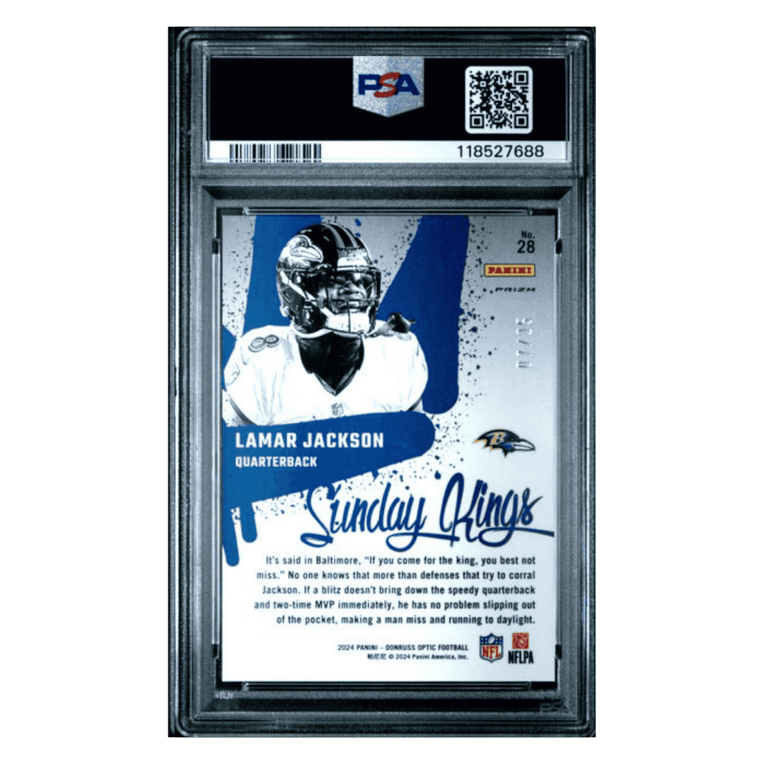 Lamar Jackson PSA 10 2024 Panini Donruss Optic Sunday Kings Black Pandora #d/ 25 Card #28