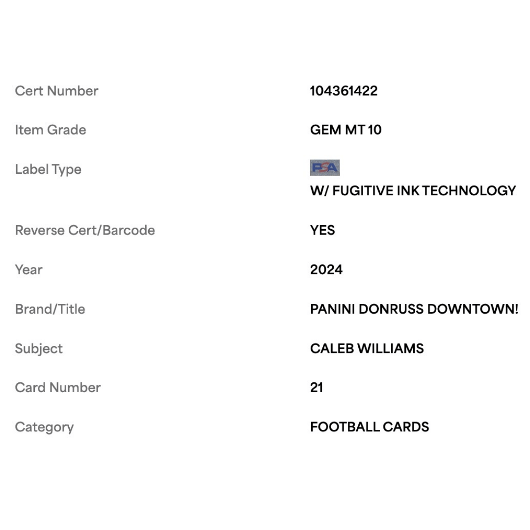 Caleb Williams PSA 10 2024 Panini Donruss Downtown! Rookie RC Card #21