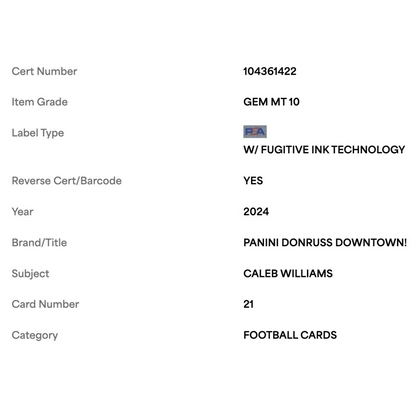 Caleb Williams PSA 10 2024 Panini Donruss Downtown! Rookie RC Card #21