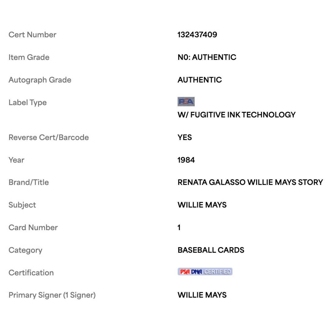 Willie Mays 1984 Renata Galasso Mays Story Card #1