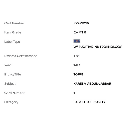 Kareem Abdul-Jabbar PSA 6 1977 Topps Card #1