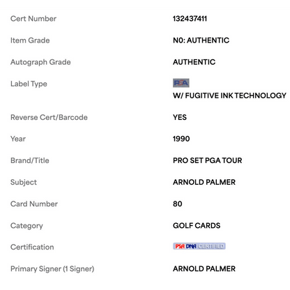 Arnold Palmer 1990 PGA Tour Pro Set Card #80