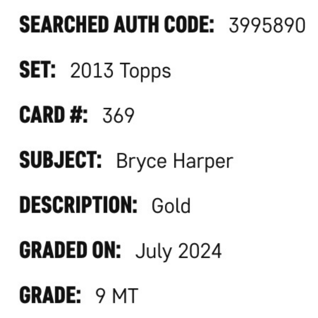 Bryce Harper SGC 9 2013 Topps Gold #d/ 2013 Card #369