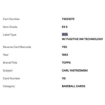 Carl Yastrzemski PSA 5 1963 Topps Card #115