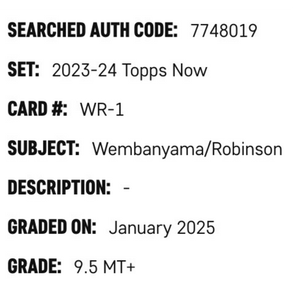 Victor Wembanyama & David Robinson SGC 9.5 2023-24 Topps Now Rookie RC Card #WR1