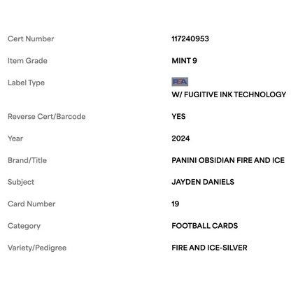 Jayden Daniels PSA 9 2024 Panini Obsidian Fire and Ice Silver Rookie RC Card #19