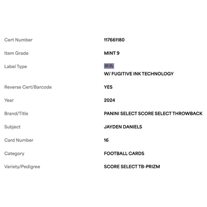 Jayden Daniels PSA 9 2024 Panini Select Score Select Throwback Prizm Rookie RC Card #16