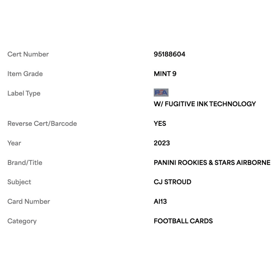 C.J. Stroud PSA 9 2023 Panini Rookie & Stars Airborne Card #AI13