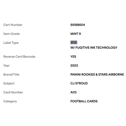 C.J. Stroud PSA 9 2023 Panini Rookie & Stars Airborne Card #AI13