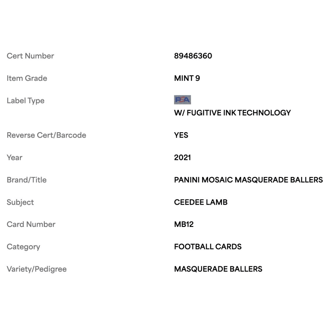 CeeDee Lamb PSA 9 2021 Panini Mosaic Masquerade Ballers Card #MB12