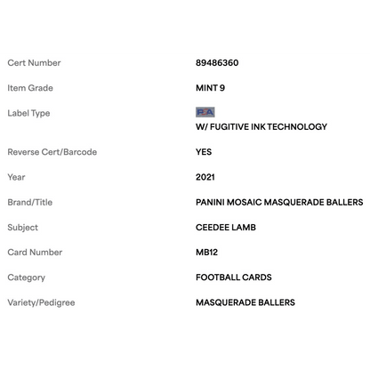 CeeDee Lamb PSA 9 2021 Panini Mosaic Masquerade Ballers Card #MB12