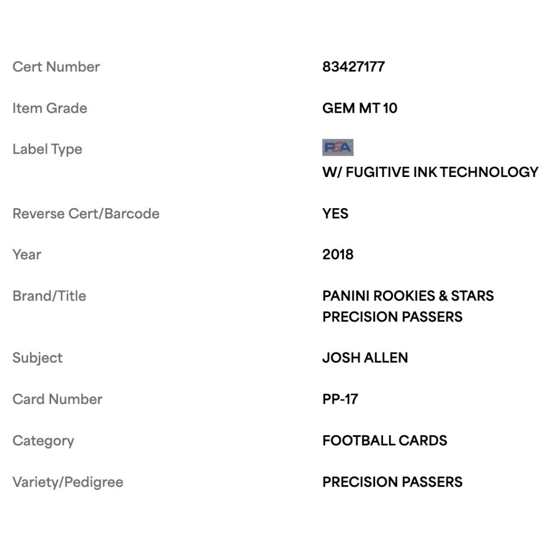 Josh Allen PSA 10 2018 Panini Rookies & Stars Precision Passers Card #PP17