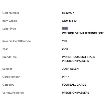 Josh Allen PSA 10 2018 Panini Rookies & Stars Precision Passers Card #PP17