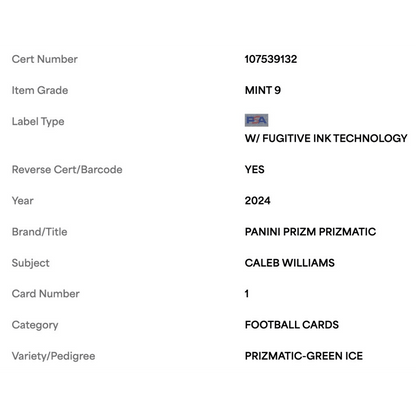Caleb Williams PSA 9 2024 Panini Prizm Prizmatic Green Ice Rookie RC Card #1