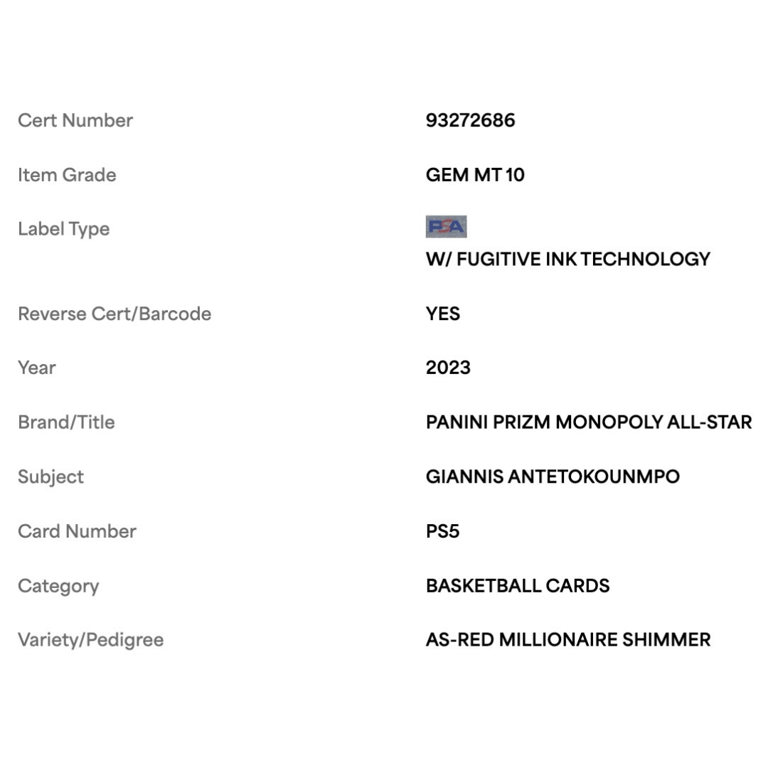 Giannis Antetokounmpo PSA 10 2023 Panini Prizm Monopoly All Star Red Millionaire Shimmer #d/ 100 Card #PS5