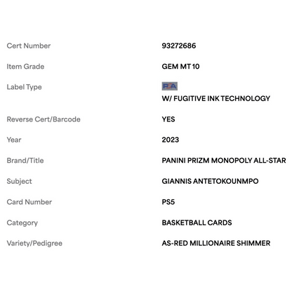 Giannis Antetokounmpo PSA 10 2023 Panini Prizm Monopoly All Star Red Millionaire Shimmer #d/ 100 Card #PS5