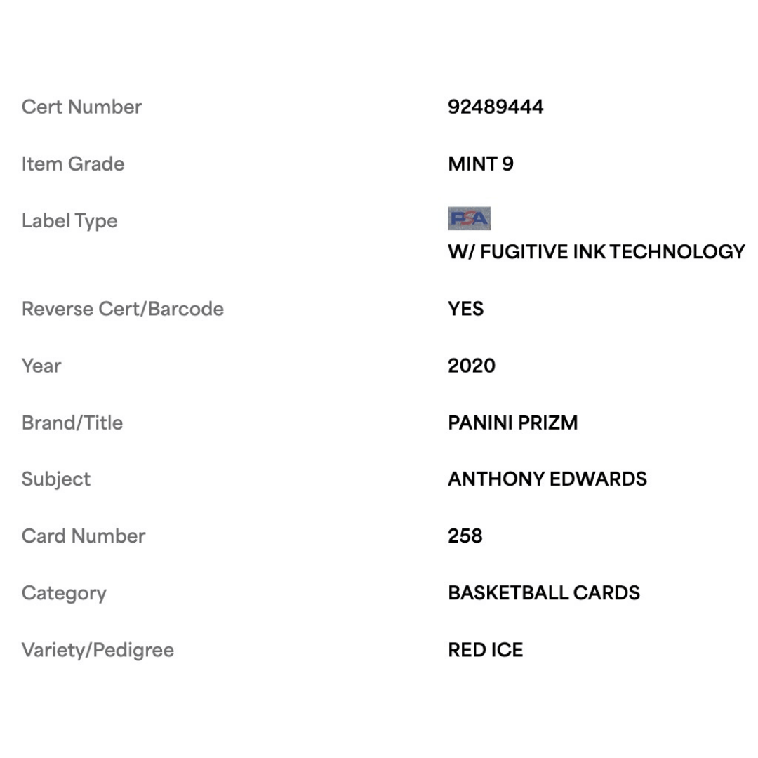 Anthony Edwards PSA 9 2020 Panini Prizm Red Ice Rookie RC Card #258