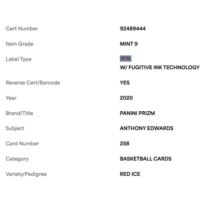 Anthony Edwards PSA 9 2020 Panini Prizm Red Ice Rookie RC Card #258