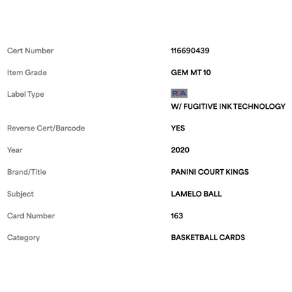 LaMelo Ball PSA 10 2020 Panini Court Kings Rookie RC Card #163