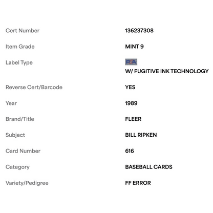 Bill Ripken PSA 9 1989 Fleer FF Error Card #616