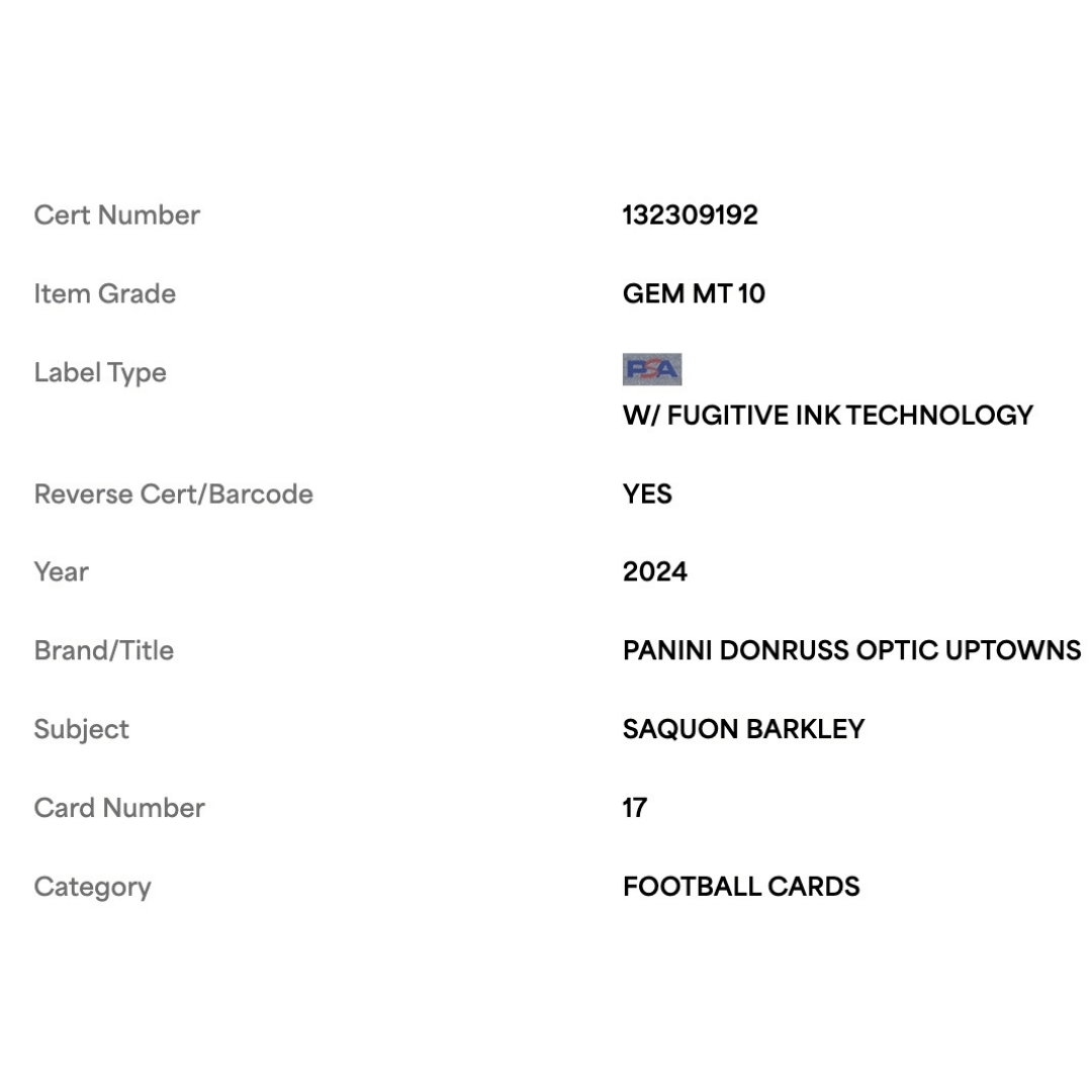 Saquon Barkley PSA 10 2024 Panini Donruss Optic Uptowns Card #17