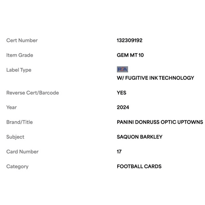 Saquon Barkley PSA 10 2024 Panini Donruss Optic Uptowns Card #17