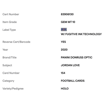 Jordan Love PSA 10 2020 Panini Donruss Optic Holo Rated Rookie Card #154