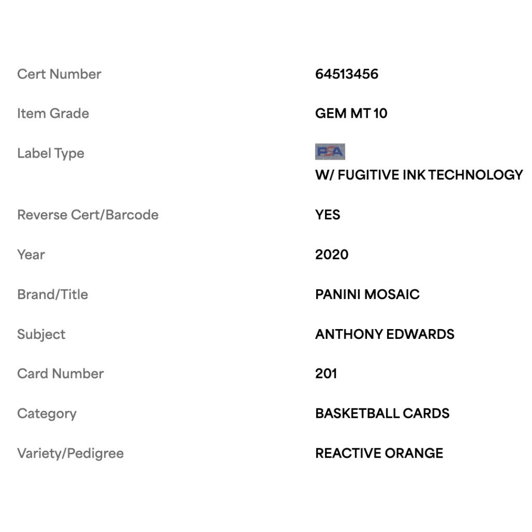 Anthony Edwards PSA 10 2020 Panini Mosaic Reactive Orange Rookie RC Card #201
