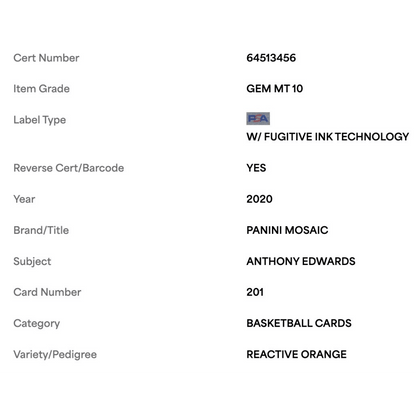 Anthony Edwards PSA 10 2020 Panini Mosaic Reactive Orange Rookie RC Card #201