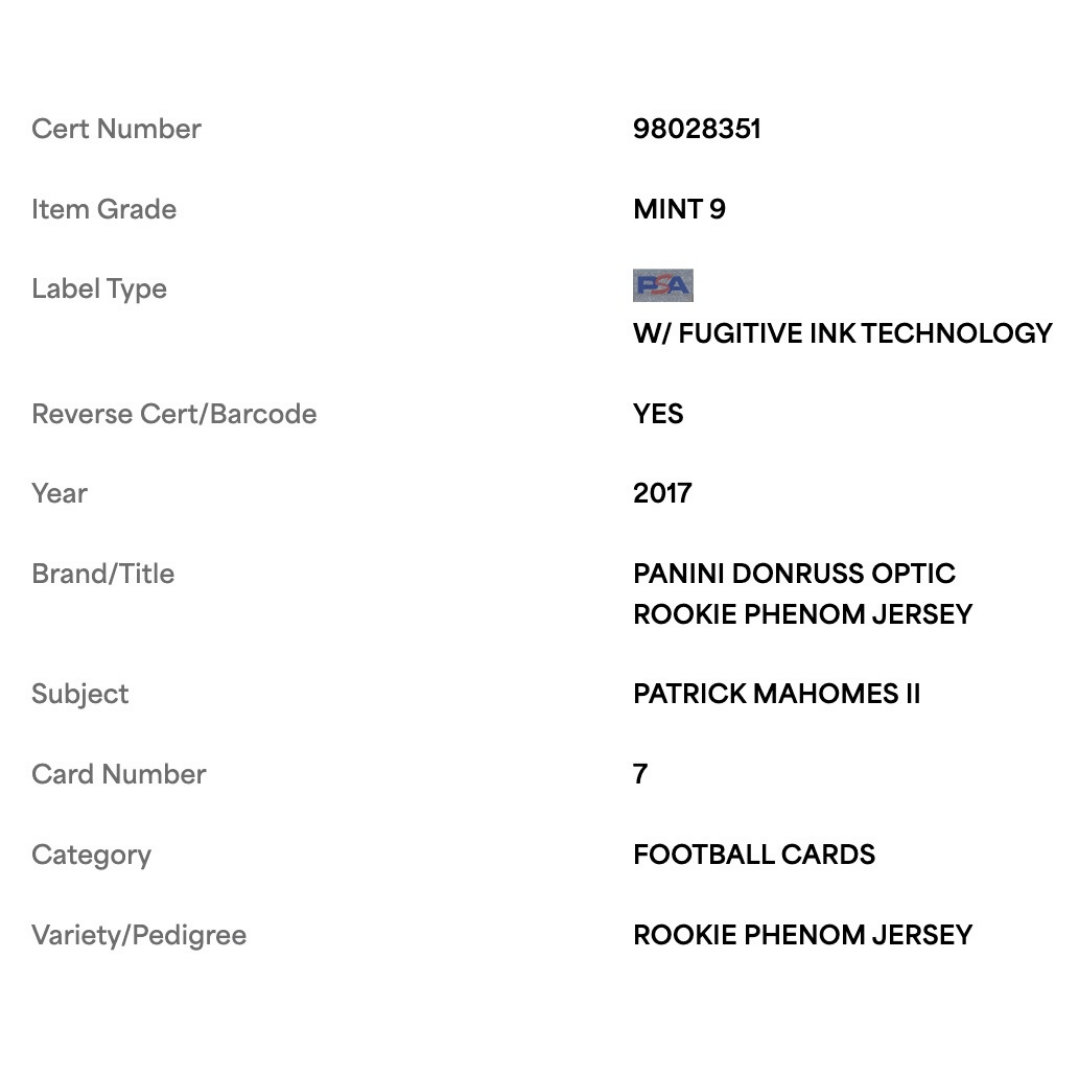 Patrick Mahomes PSA 9 2017 Panini Donruss Optic Rookie Phenom Jersey Patch Card #7