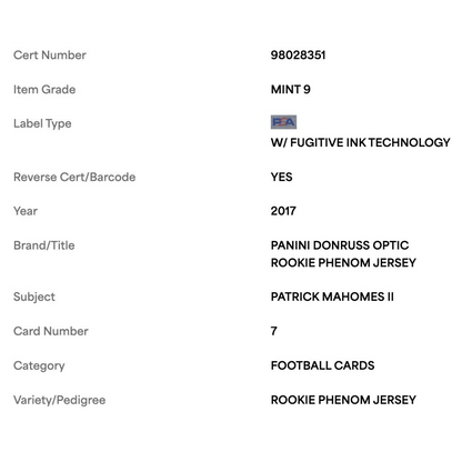 Patrick Mahomes PSA 9 2017 Panini Donruss Optic Rookie Phenom Jersey Patch Card #7