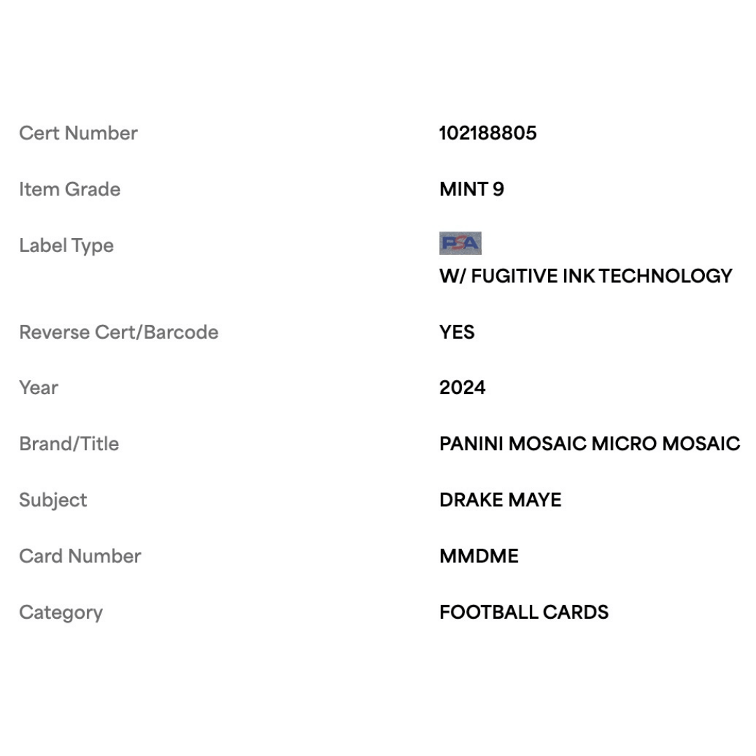 Drake Maye PSA 9 2024 Panini Mosaic Micro Mosaic Rookie RC Case Hit Card #MMDME