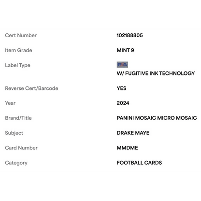 Drake Maye PSA 9 2024 Panini Mosaic Micro Mosaic Rookie RC Case Hit Card #MMDME