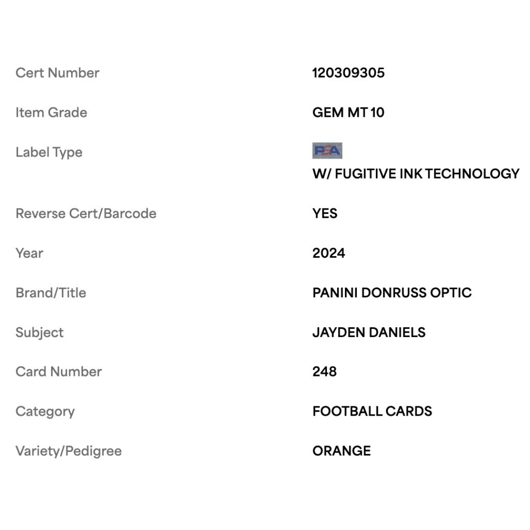 Jayden Daniels PSA 10 2024 Panini Donruss Optic Orange Rated Rookie #d/ 249 Card #248