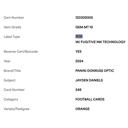 Jayden Daniels PSA 10 2024 Panini Donruss Optic Orange Rated Rookie #d/ 249 Card #248