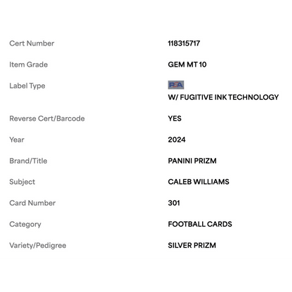 Caleb Williams PSA 10 2024 Panini Prizm Silver Prizm Rookie RC Card #301
