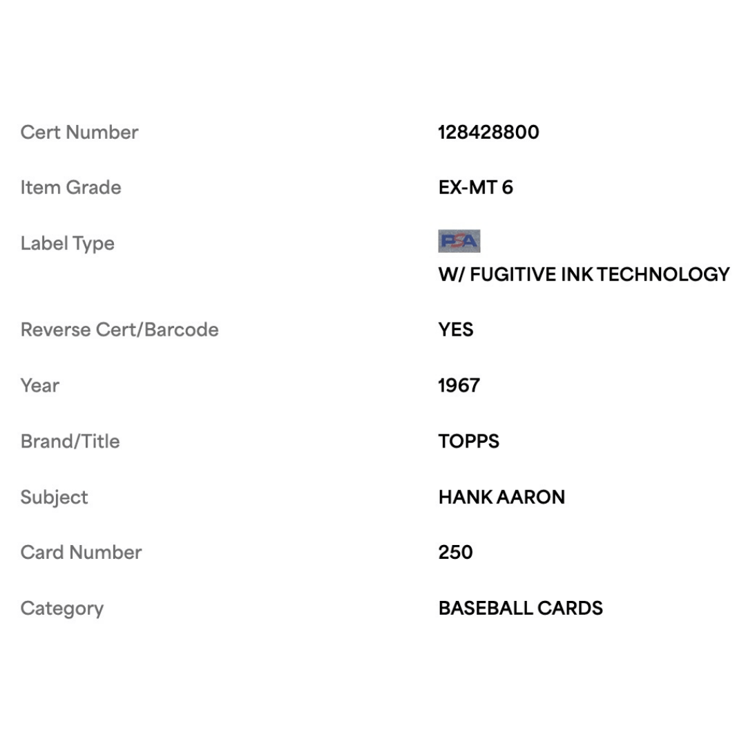 Hank Aaron PSA 6 1967 Topps Card #250
