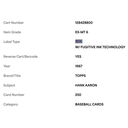 Hank Aaron PSA 6 1967 Topps Card #250