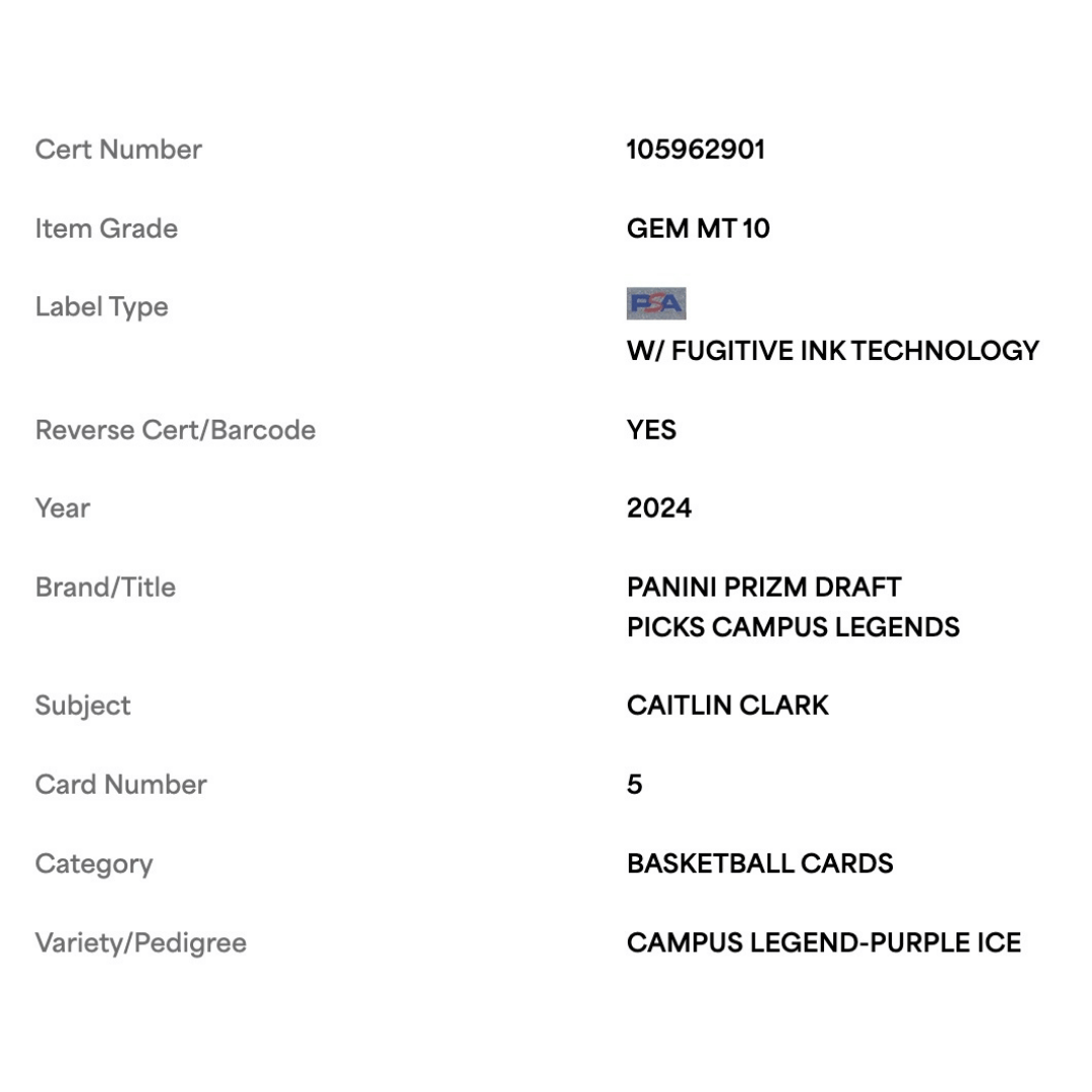 Caitlin Clark PSA 10 2024 Panini Prizm Draft Picks Campus Legend Purple Ice Rookie RC #d/ 149 Card #5