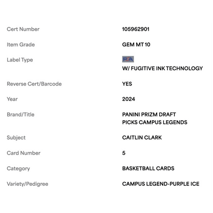 Caitlin Clark PSA 10 2024 Panini Prizm Draft Picks Campus Legend Purple Ice Rookie RC #d/ 149 Card #5