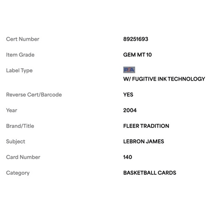 LeBron James PSA 10 2004 Fleer Tradition Card #140