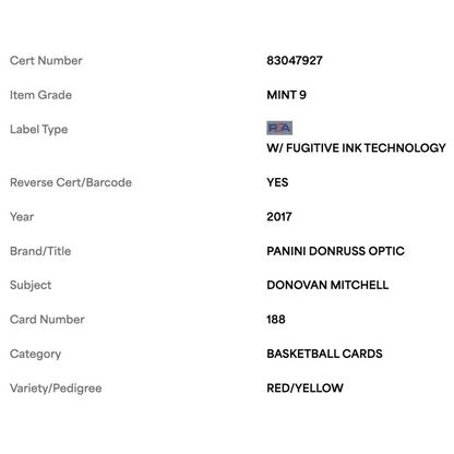 Donovan Mitchell PSA 9 2017 Panini Donruss Optic Red/ Yellow Rated Rookie Card #188