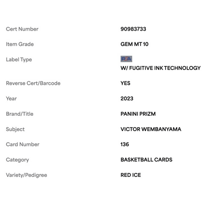 Victor Wembanyama PSA 10 2023 Panini Prizm Red Ice Rookie RC Card #136