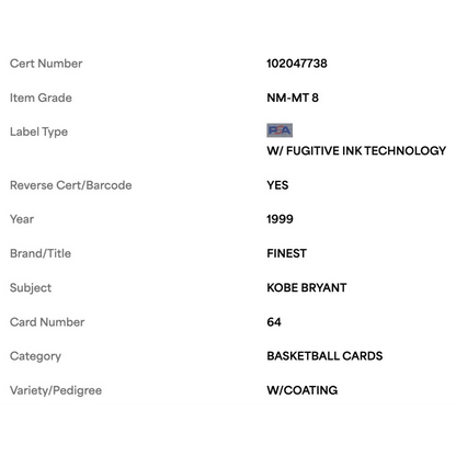 Kobe Bryant PSA 8 1999 Topps Finest w/Coating Card #64