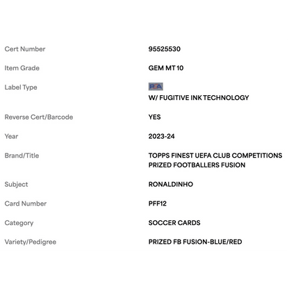 Ronaldoinho PSA 10 2023-24 Topps Finest UEFA Club Competitions Prized Footballers Fusion Blue/ Red #d/ 50 Card #PFF12