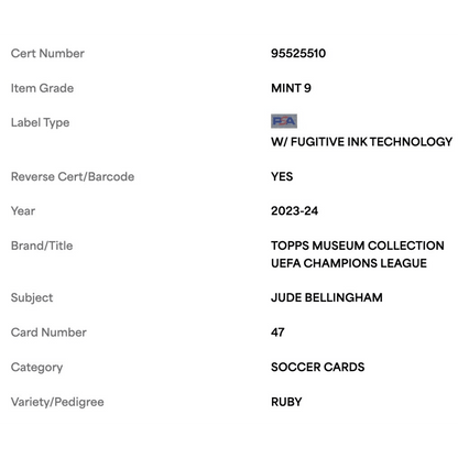 Jude Bellingham PSA 9 2023-24 Topps Museum Collection UEFA Champions League Ruby #d/ 25 Card #47