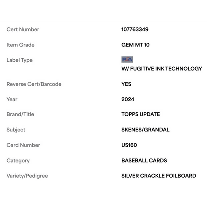 Paul Skenes & Yasmani Grandal PSA 10 2024 Topps Update Silver Crackle Foil Board Card #US160