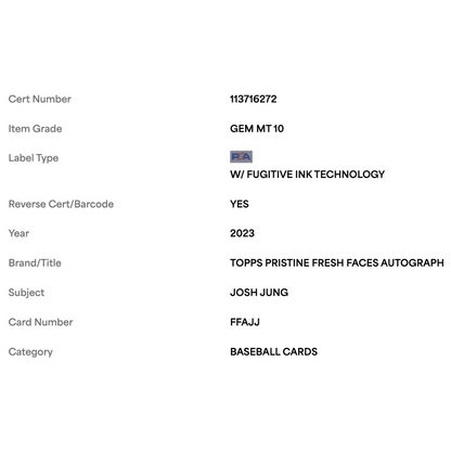 Josh Jung PSA 10 2023 Topps Pristine Fresh Faces Autograph Card #FFAJJ