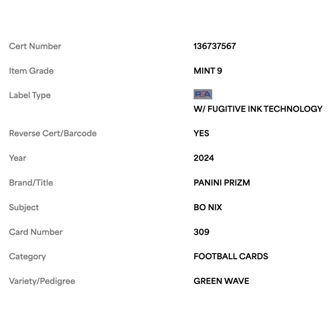 Bo Nix PSA 9 2024 Panini Prizm Green Wave Rookie RC Card #309
