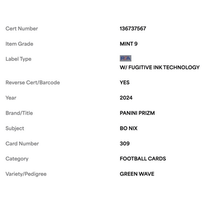 Bo Nix PSA 9 2024 Panini Prizm Green Wave Rookie RC Card #309